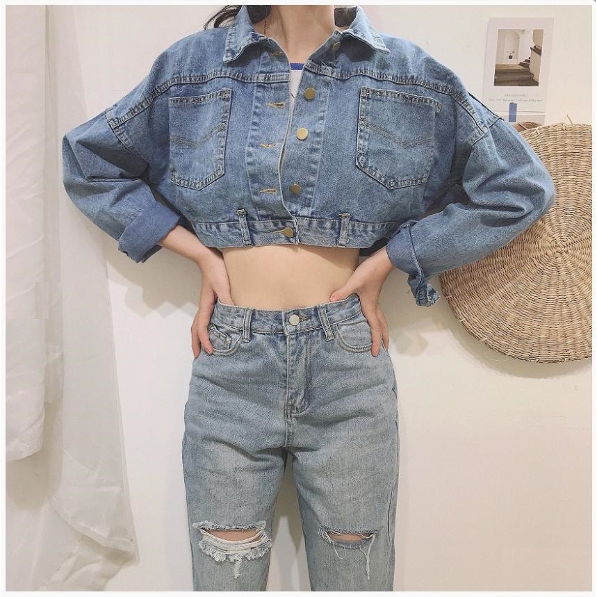 [Chiwawa shop] ÁO KHOÁC JEAN NỮ 4 CÚC SAU LƯNG (XANH JEAN) CROPTOP SIÊU HOT 2021