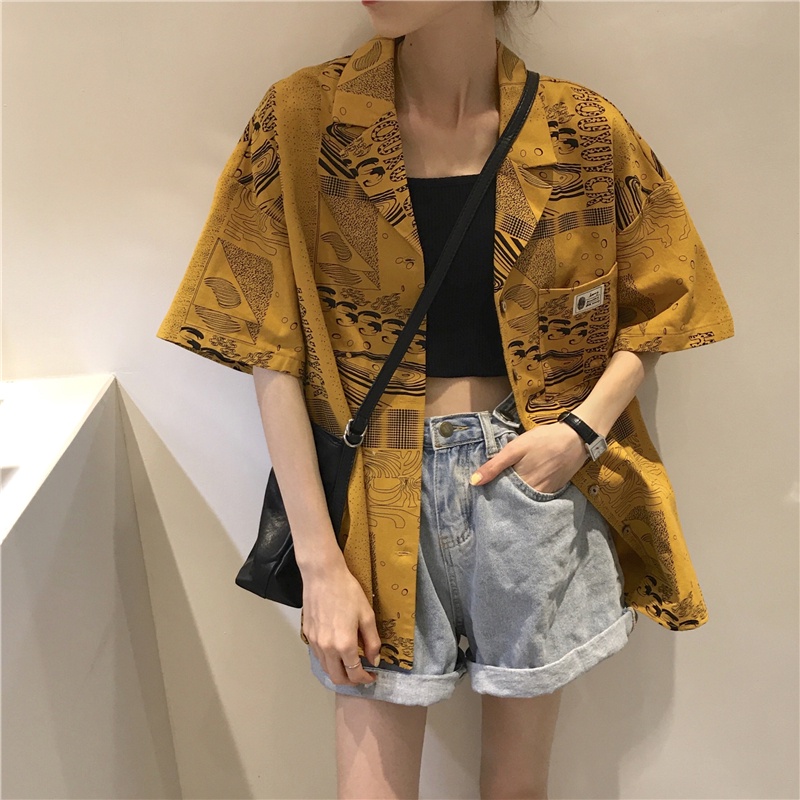 Áo sơ mi SUXI kiểu mỏng dáng rộng in họa tiết vintage dễ phối đồ thời trang mùa hè cho nữ