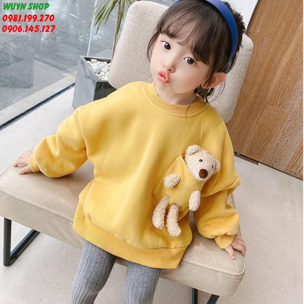 Áo Nỉ Bông Dáng Rộng Cho Bé Gái Từ 1 - 5 Tuổi Gắn Gấu Bông Dễ Thương