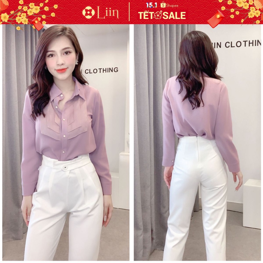 Áo sơ mi nữ Đũi màu Tím Khoai Môn thiết kế viền bèo đối xứng thanh lịch Liin Clothing SM3598