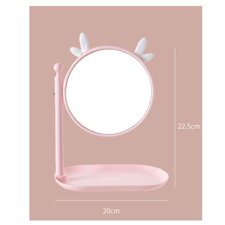 Gương trang điểm để bàn tai mèo xoay 360 độ có khay để trang sức đáng yêu