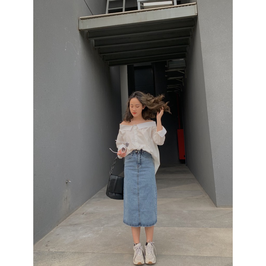 chân váy jeans dáng dài đai cài cúc SK98 1994closet | BigBuy360 - bigbuy360.vn