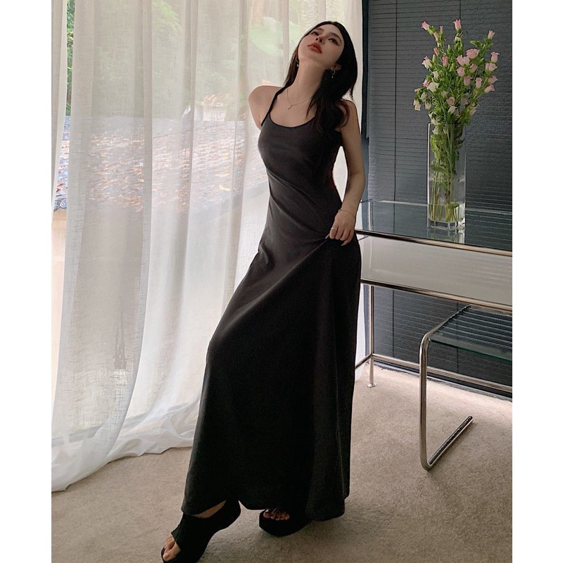 COZOKC COZOK Đầm COZOK không tay cổ yếm ôm dáng thời trang retro xinh xắn đáng yêu