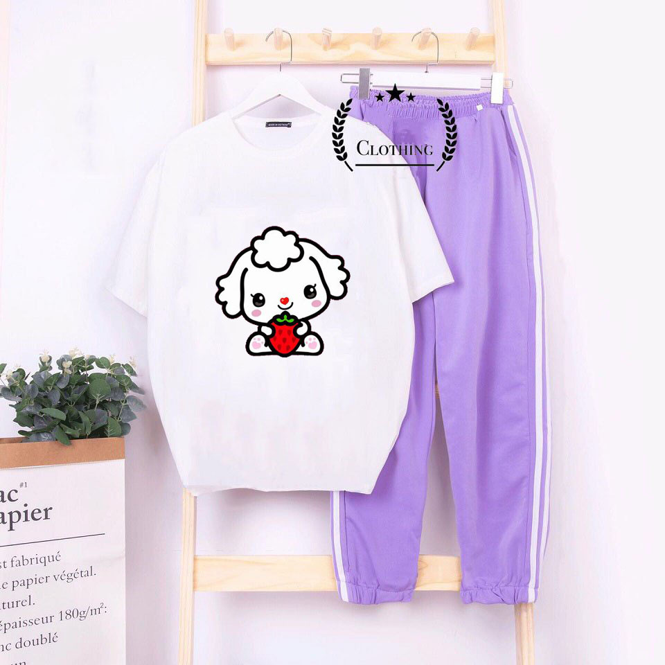 Sét Bộ Đồ Quần Dài Áo Ngắn Tay Nam Nữ Ulzzang Mặc Nhà Siêu Xinh, Áo Phông Cotton Mát Mịn In 3D Hình Chú Chó Rất Dễ Thươn