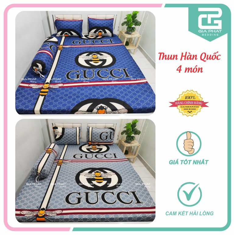 Bộ Ga Gối Thun Lạnh Hàn Quốc {4 Món} họa tiết GU ( 1 ga bọc + 2 vỏ gối nằm + 1 vỏ gối ôm )