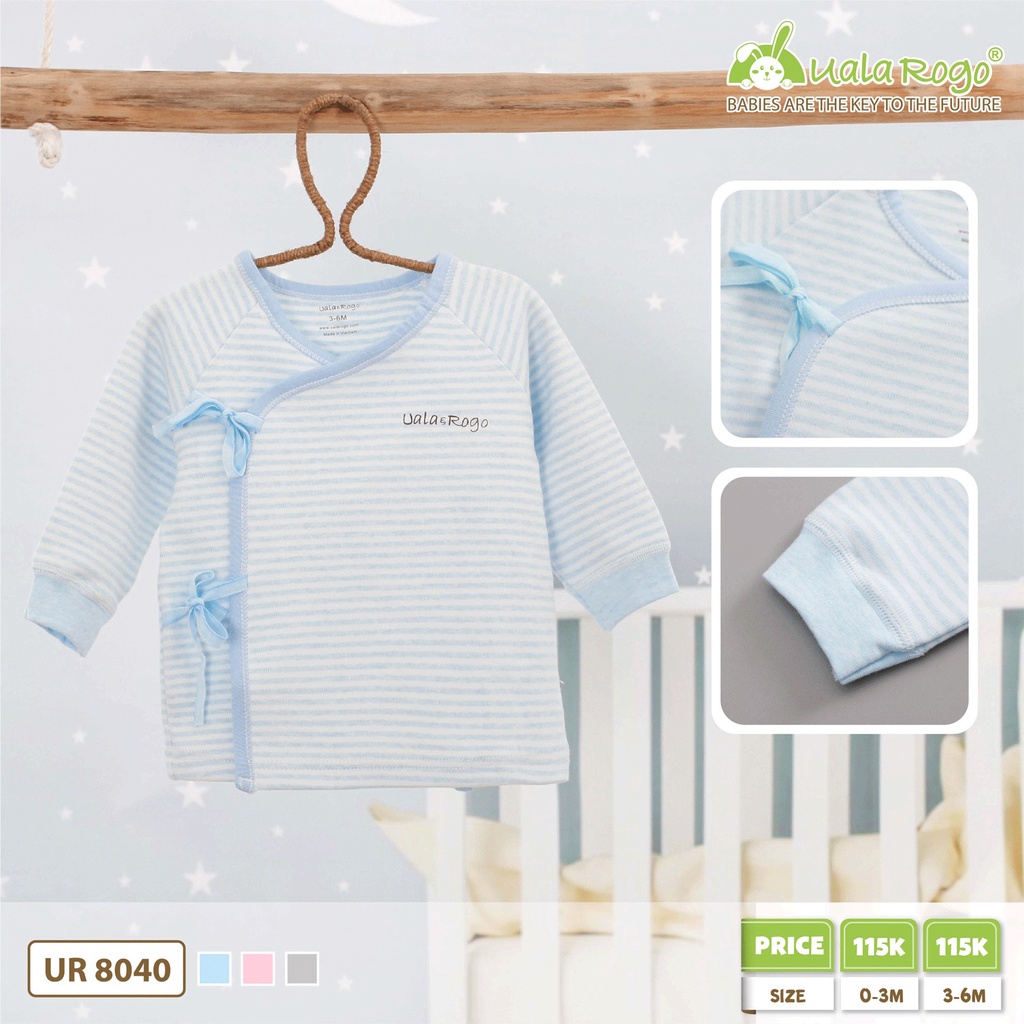 Áo sơ sinh Uala rogo 0-6 tháng buộc dây chéo cotton thấm hút giữ ấm kẻ ngang Ur 8040