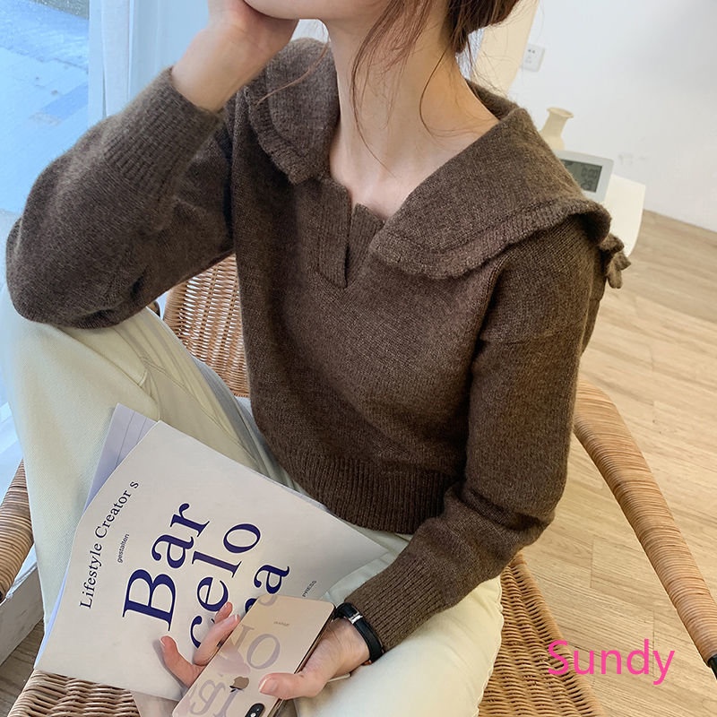 Áo Sweater Dệt Kim Tay Dài Cổ Búp Bê Màu Sắc Ngọt Ngào Phong Cách Vintage Thời Trang Mùa Thu Cho Nữ