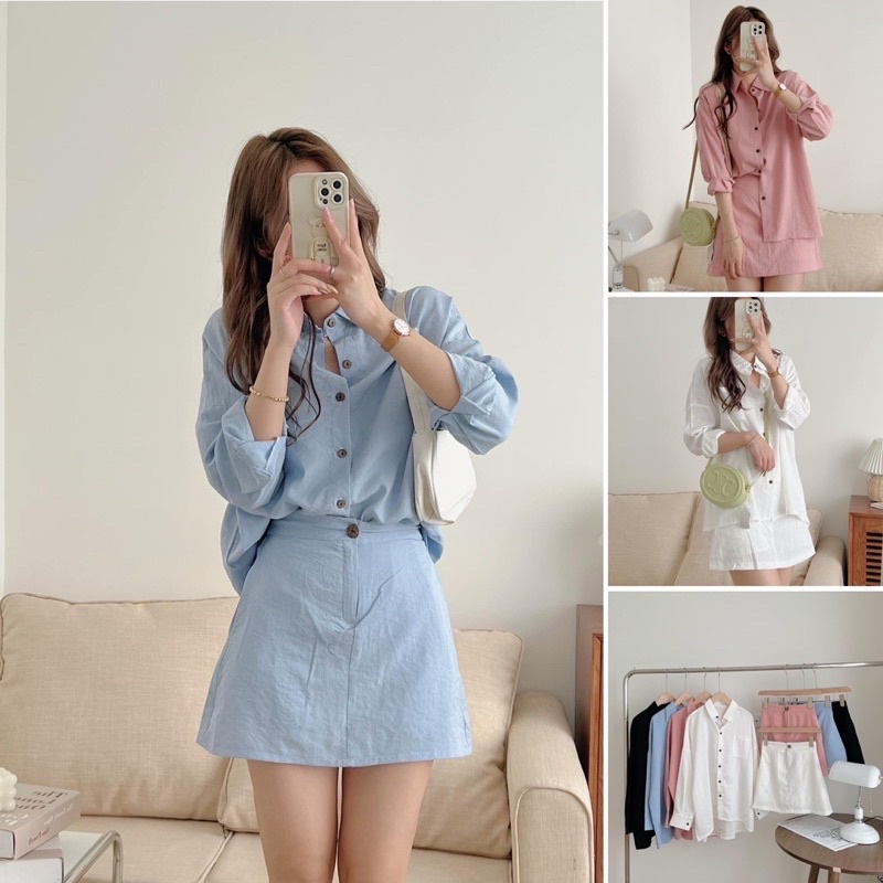 Set áo sơ mi dài tay cổ đức form rộng và chân váy chữ A chun sau cực xinh - Set sơ mi+chân váy