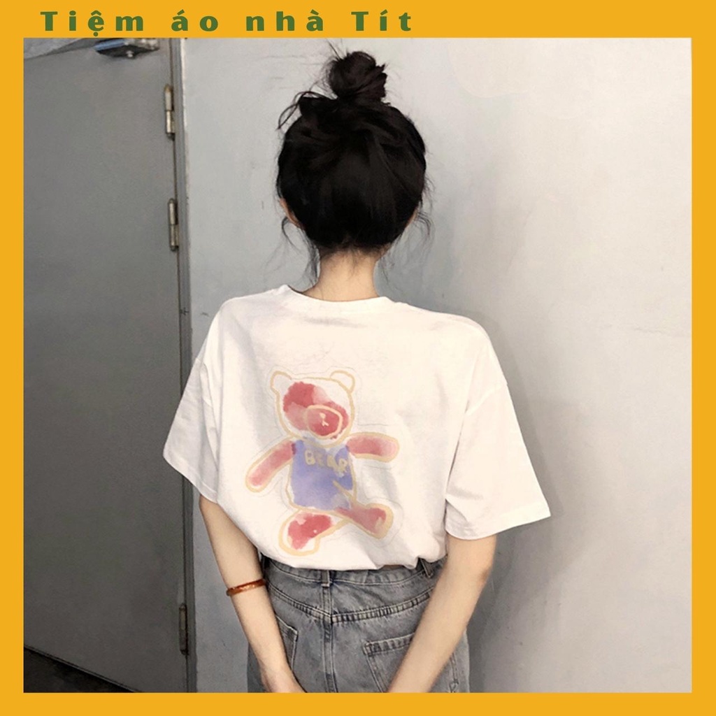 Áo thun tay lỡ nữ, áo phông trắng form rộng chất cotton in hình con gấu AH1013