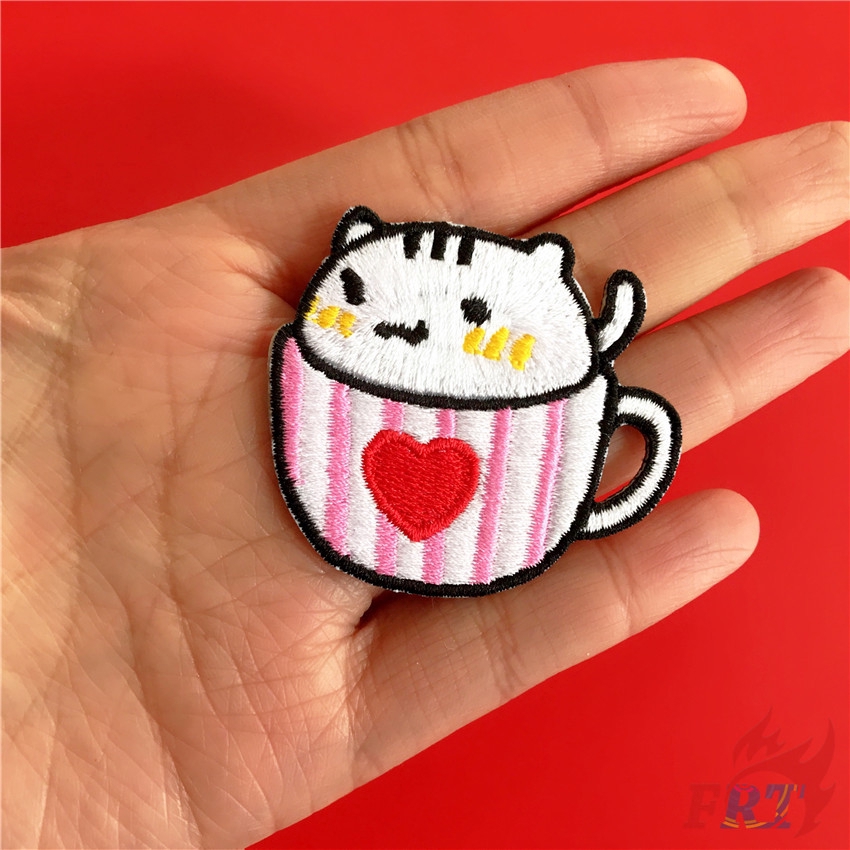 Set 1/4 miếng vá thêu/ủi quần áo họa tiết cốc nước mèo hoạt hình đáng yêu DIY