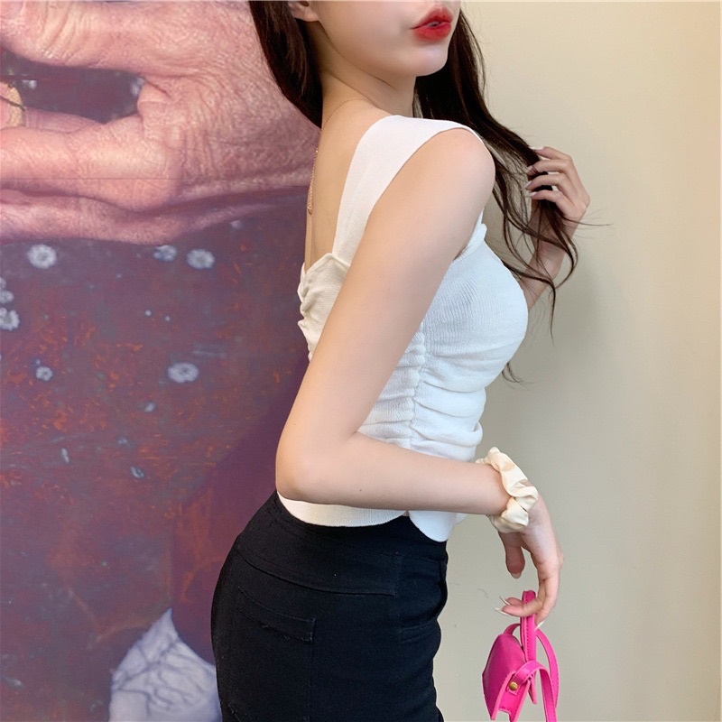 Áo kiểu hai dây nhún ngực chất dệt kim phong cách Hàn Quốc Freesize | BigBuy360 - bigbuy360.vn