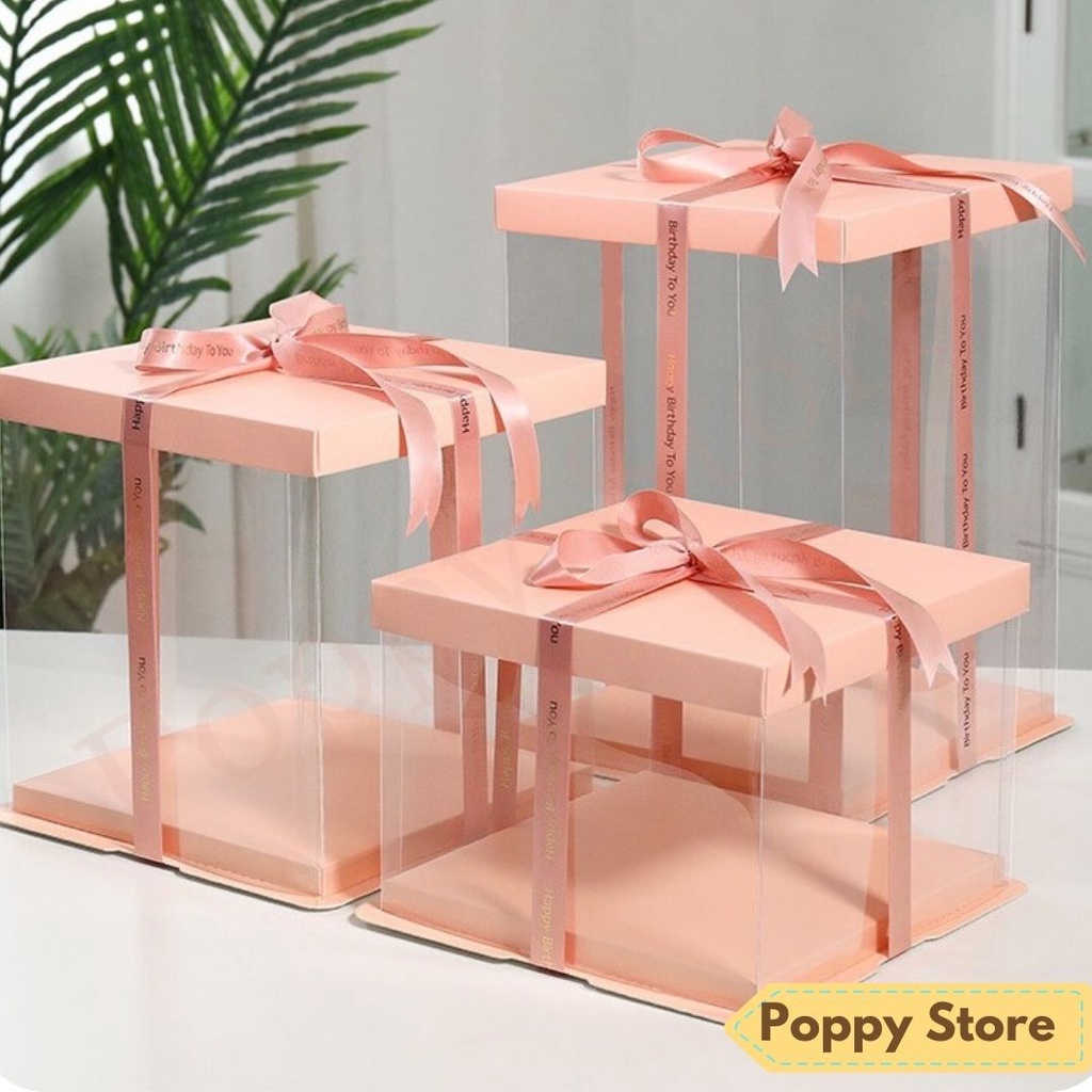 Hộp đựng bánh kem sinh nhật, hộp nhựa mica có nắp, màu cam pastel dễ thương, tặng kèm ruy băng - POPPY STORE