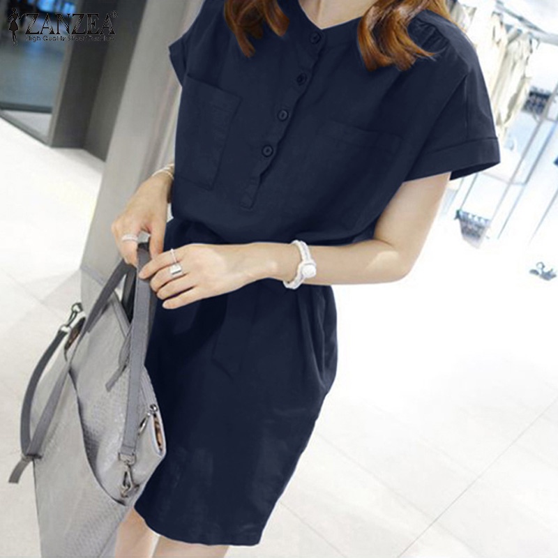 Đầm Zanzea tay ngắn màu trơn phối thắt lưng phong cách Hàn Quốc thời trang cho nữ