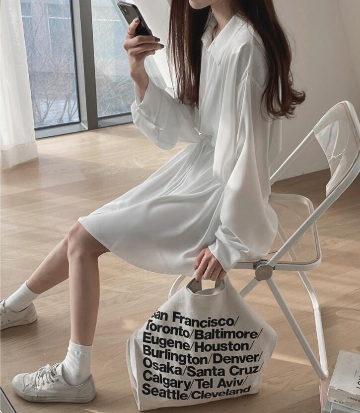 SUXI Đầm Sơ Mi Trắng Dài Tay Phong Cách Hàn Quốc Dành Cho Nữ
