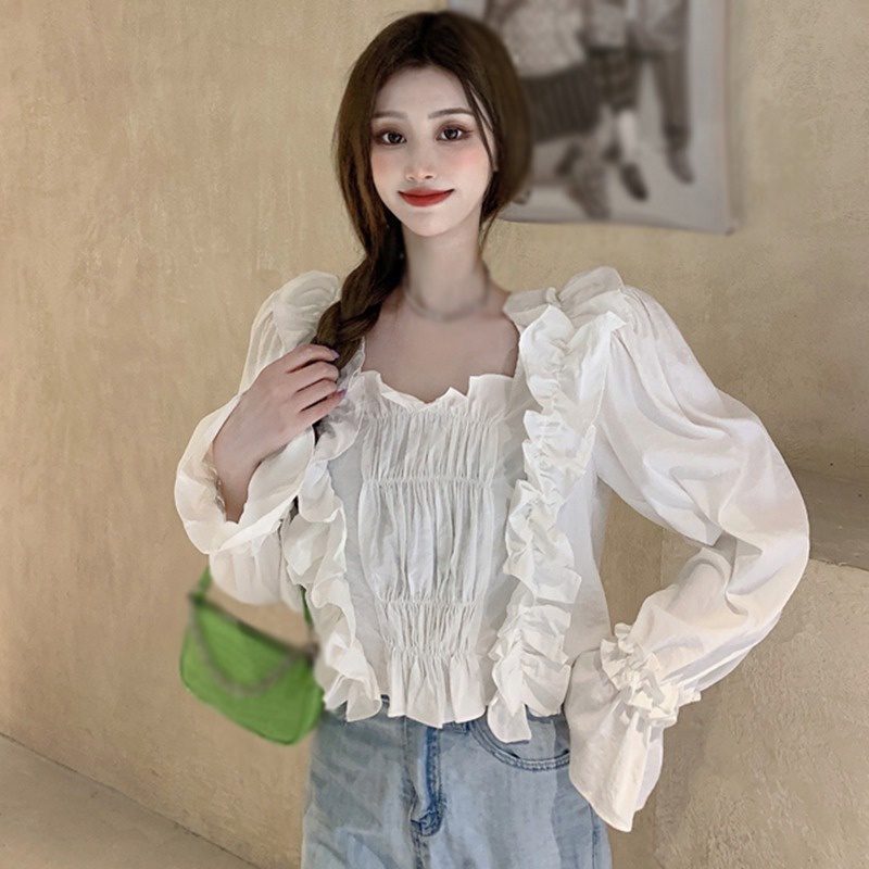 Áo Sơ Mi Chiffon Tay Dài Cổ Vuông Màu Sắc Ngọt Ngào Phong Cách Hàn Quốc Cho Nữ