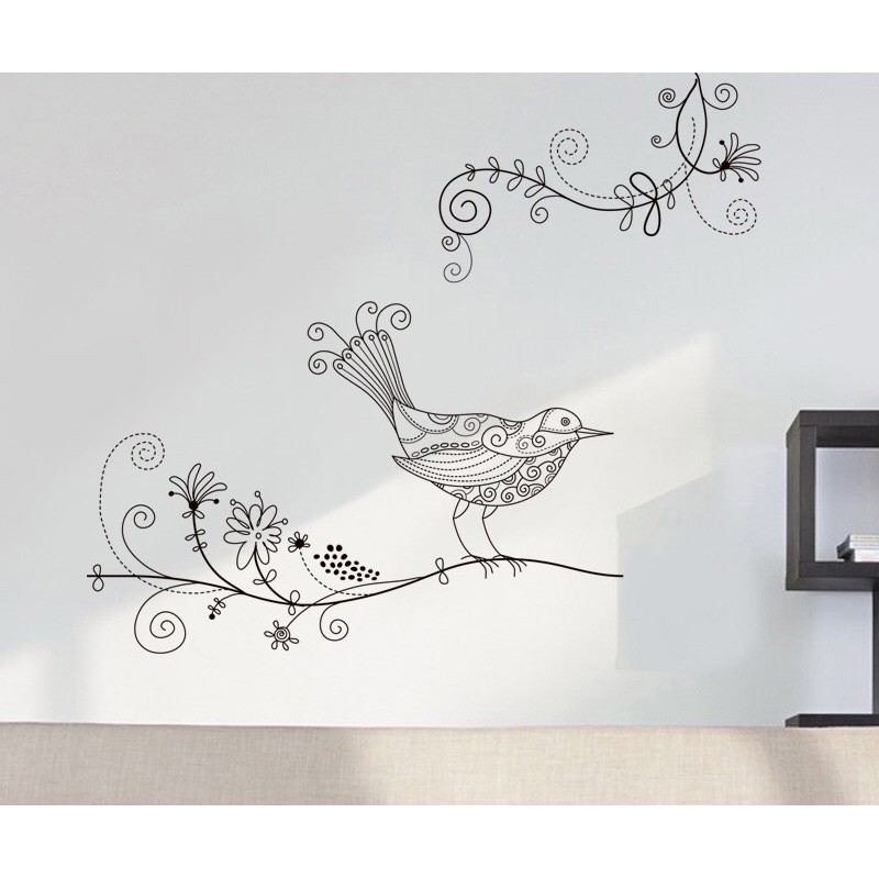 Decal trang trí tường / Kính Cao cấp - Chim hoa văn tinh tế ( 37x58 )