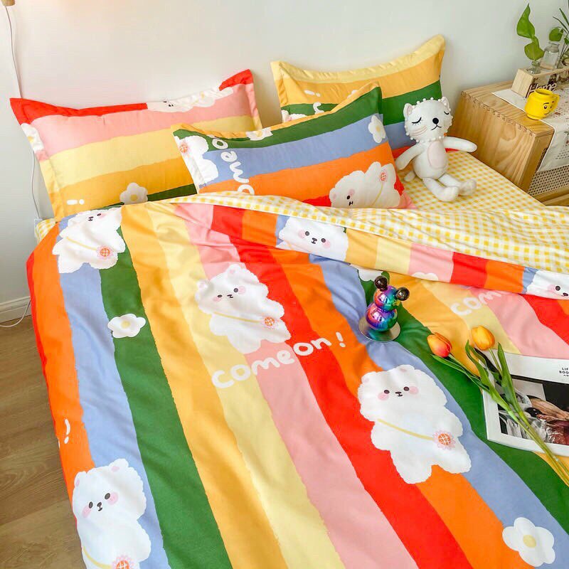 Bộ chăn ga gối poly cotton Gấu cầu vồng - Miễn phí bo chun mọi kích thước