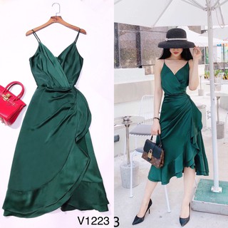 Váy lụa 2 dây xanh bèo eo V1223 - DVC thiết kế cao cấp (kèm ảnh sàn shop tự chụp)
