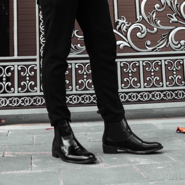 Giày Chelsea Boots Nam Đen Bóng, Da bóng độc quyền, Đế tăng chiều cao 5cm dễ phối đồ