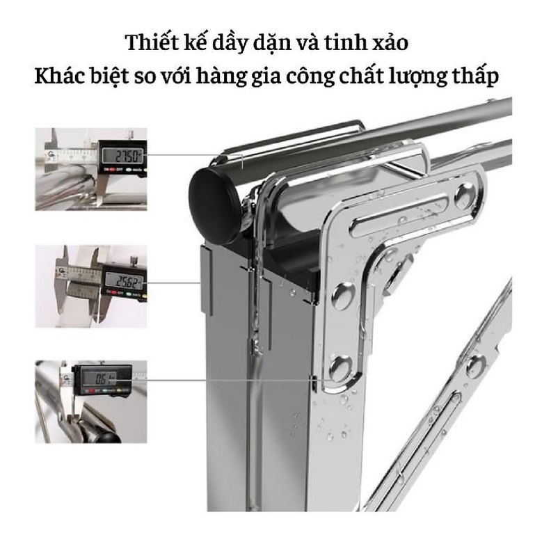 Sào Phơi Đồ Inox Thông Minh SP16, Cải Tiến Bánh Xe, Cây Gấp gọn, Giá Giàn Phơi Có Quà Tặng Móc Treo Đồ - 2,4m + Bánh xe