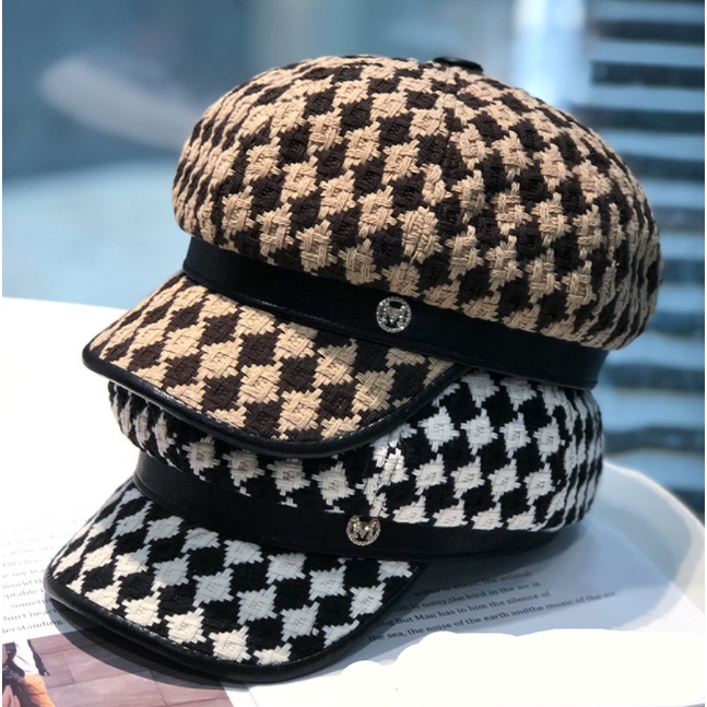 Mũ Beret Dệt Kim Họa Tiết Caro Phong Cách Retro Anh Quốc Dễ Phối Đồ Cho Nữ