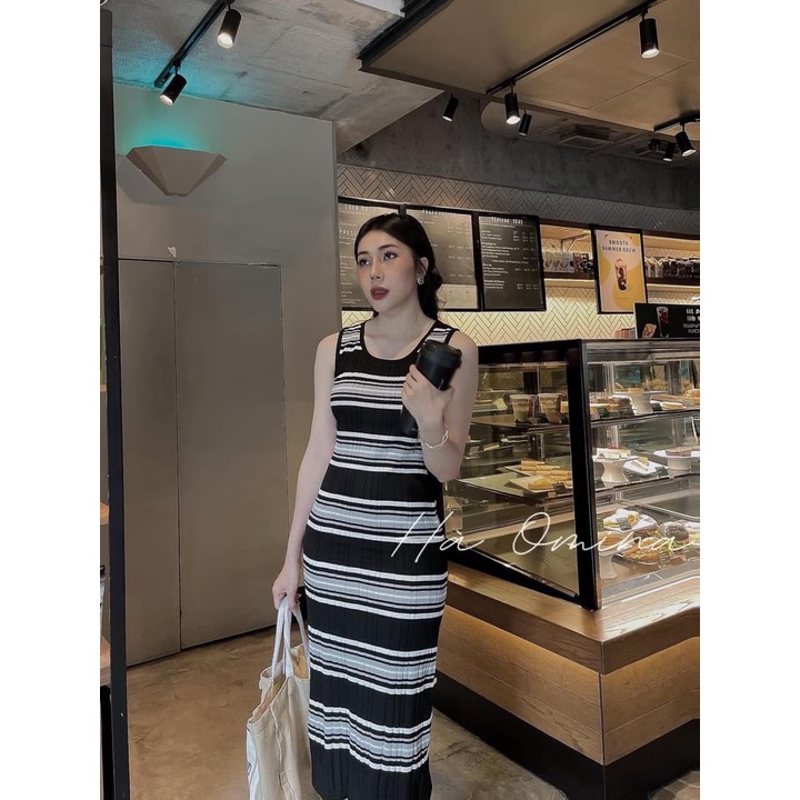 Váy len mỏng, Váy body montergi kẻ sát nách dáng dài vải mềm co giãn MAIANHSHOP