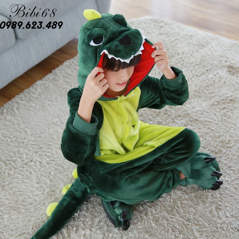 Bộ Đồ thú khủng long xanh liền thân lông mịn Pijama dành Cho Người Lớn và Trẻ Em kiểu dáng Động Vật Hoạt Hình Cosplay