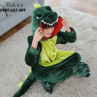 Bộ Đồ thú khủng long xanh liền thân lông mịn Pijama dành Cho Người Lớn và Trẻ Em kiểu dáng Động Vật Hoạt Hình Cosplay