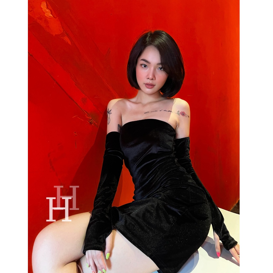 Đầm body ống màu đen hồng kèm găng tay phối rời HDT270 Hỉn Hỉn Store