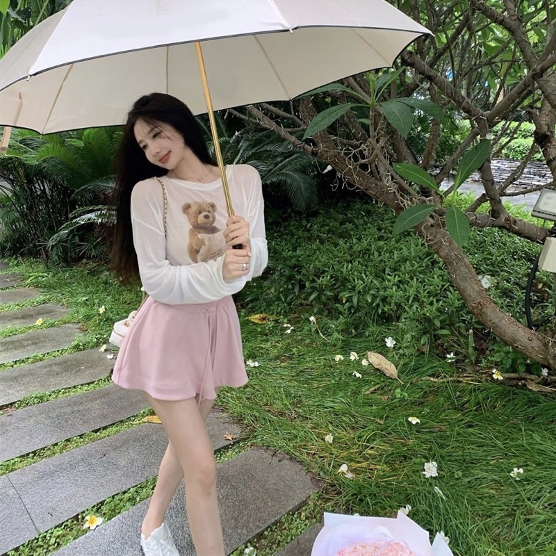 Bộ quần áo nữ, set áo thun quần giả váy họa tiết chú gấu dài tay kiểu dáng tiểu thư hàn quốc NGOTH Store