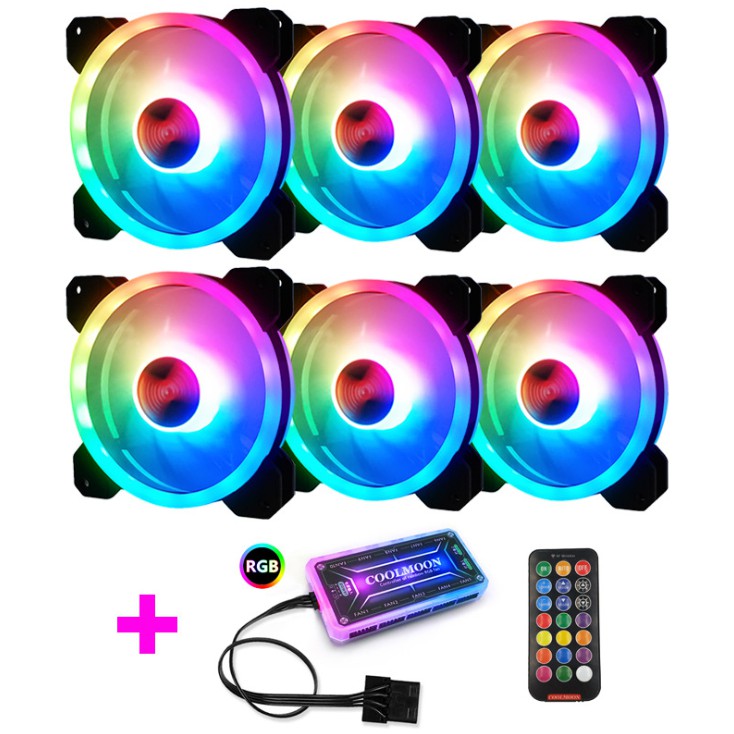 BỘ 6 Quạt Tản Nhiệt, Fan Case Coolmoon V4 Led RGB Dual Ring + Led Rainbow - Kèm Bộ Hub Và Remote