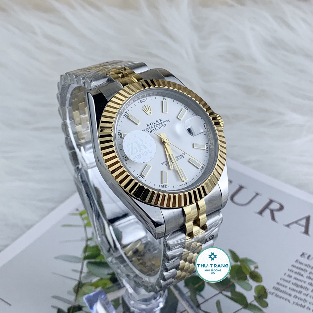 Đồng hồ Nam Rolex máy nhật, mẫu classic, mặt trắng viền vàng, dây kim loại, dòng cơ Automatic size 39mm-40mm