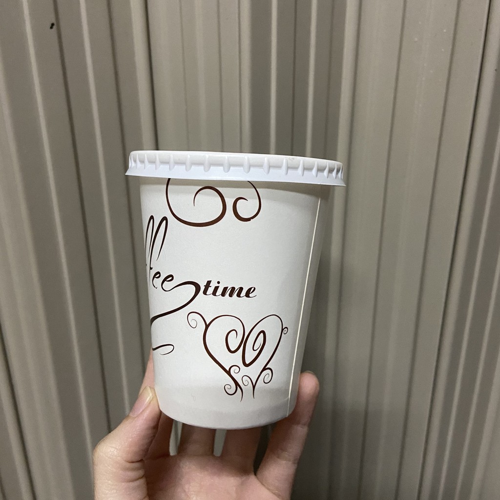 50 ly giấy 270ml ~ 9oz nắp đen phong cách Hàn Quốc Coffee time in hình, trắng trơn dùng 1 lần - Paper cup
