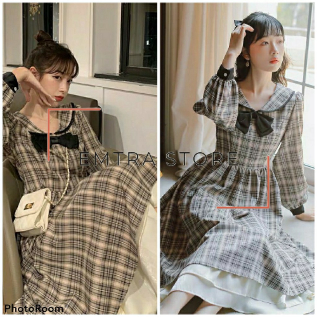 Đầm xòe caro tay dài, cổ nơ kiểu tiểu thư xinh yêu dễ thương, dự tiệc cưới đi chơi bao đẹp, hàng cao cấp tại Emtra- V08