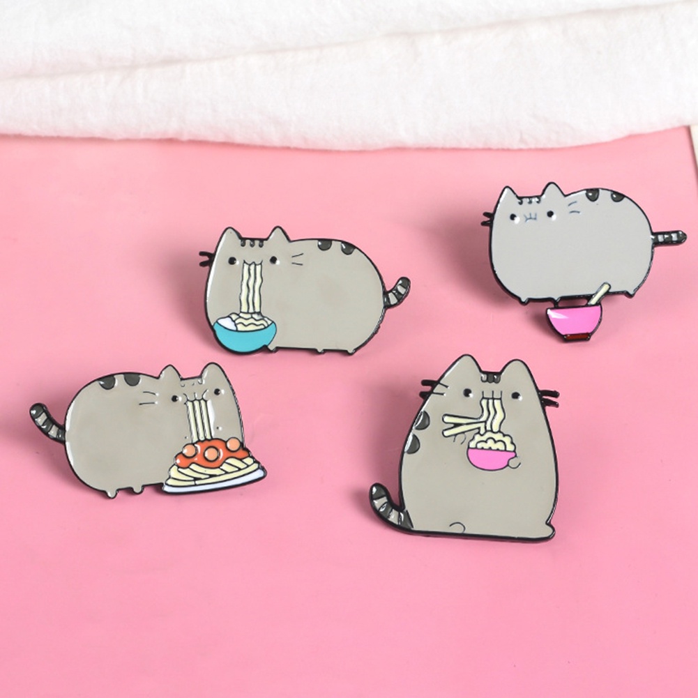 YOML✔Cute Cartoon Fat Cat Eat Noodles Enamel Brooch Pin Collar Lapel Badge Jewelry