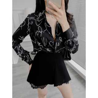 SƠ MI MASARA chất liệu LỤA ĐEN HOẠ TIẾT RỐI