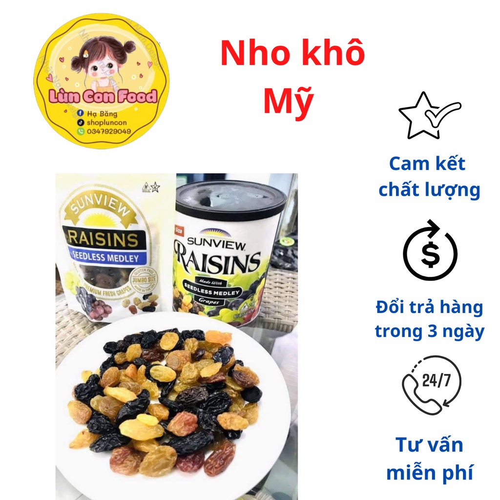 Nho khô Sunview Raisin mix 3 vị hàng loại 1 - Lùn Con Food