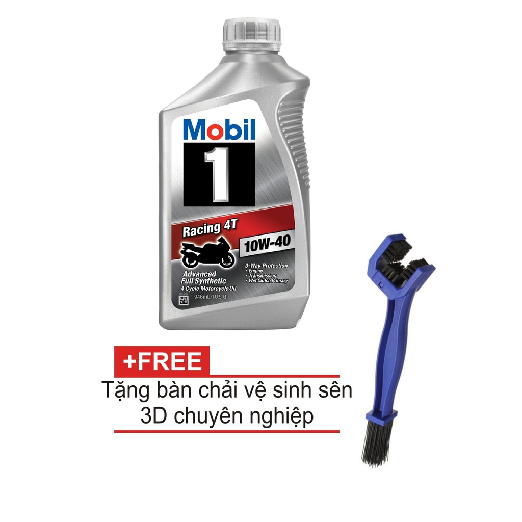 Nhớt tổng hợp cao cấp cho xe máy, mô tô PKL Mobil 1 Racing 10W40 1L(USA) tặng bàn chải vệ sinh sên 3D