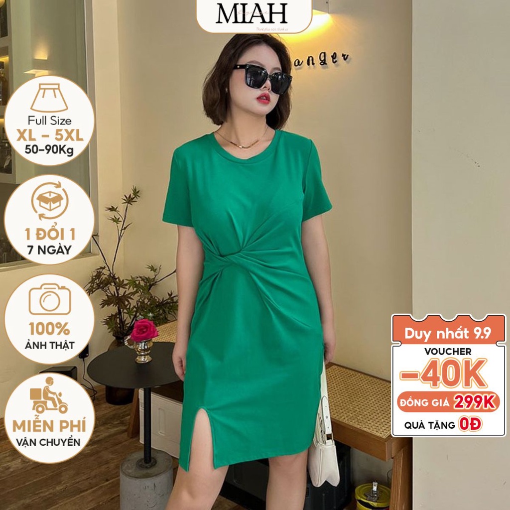 Đầm bigsize nữ váy thiết kế xoắn eo hai màu xanh đen 50-90kg đi tiệc đi chơi cafe dạo phố MIAH DA0007