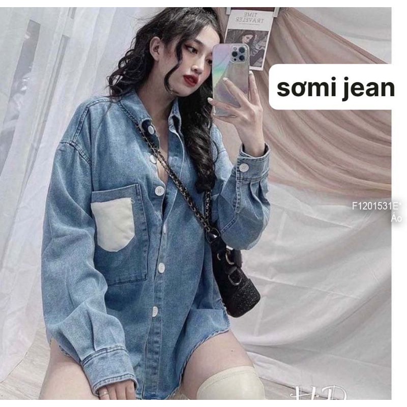Áo sơ mi jean tay dài phối túi màu 0802