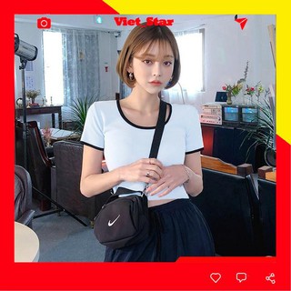 Áo croptop body ôm tay ngắn viền cổ trơn, 2 màu đen/trắng VST