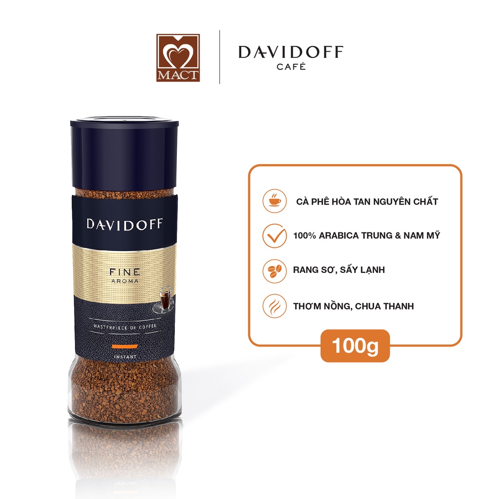 Cà phê hòa tan DAVIDOFF CAFÉ FINE AROMA - 100% hạt Arabica - Thơm nồng, chua thanh - lọ 100g