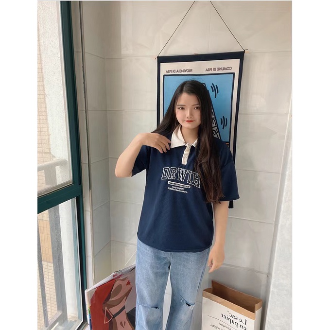 Áo polo ngắn tay vải tổ ong thêu chữ HI đơn giản cá tính Super Bigsize đến 150kg