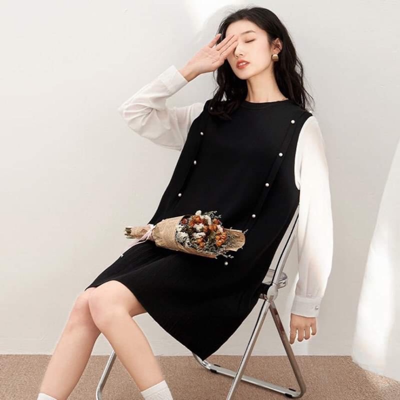 Váy đầm bầu mùa đông chất len dày dặn ấm áp cho bà bầu hàng quảng châu cao cấp thiết kế dáng xuông công sở dạ tiệc