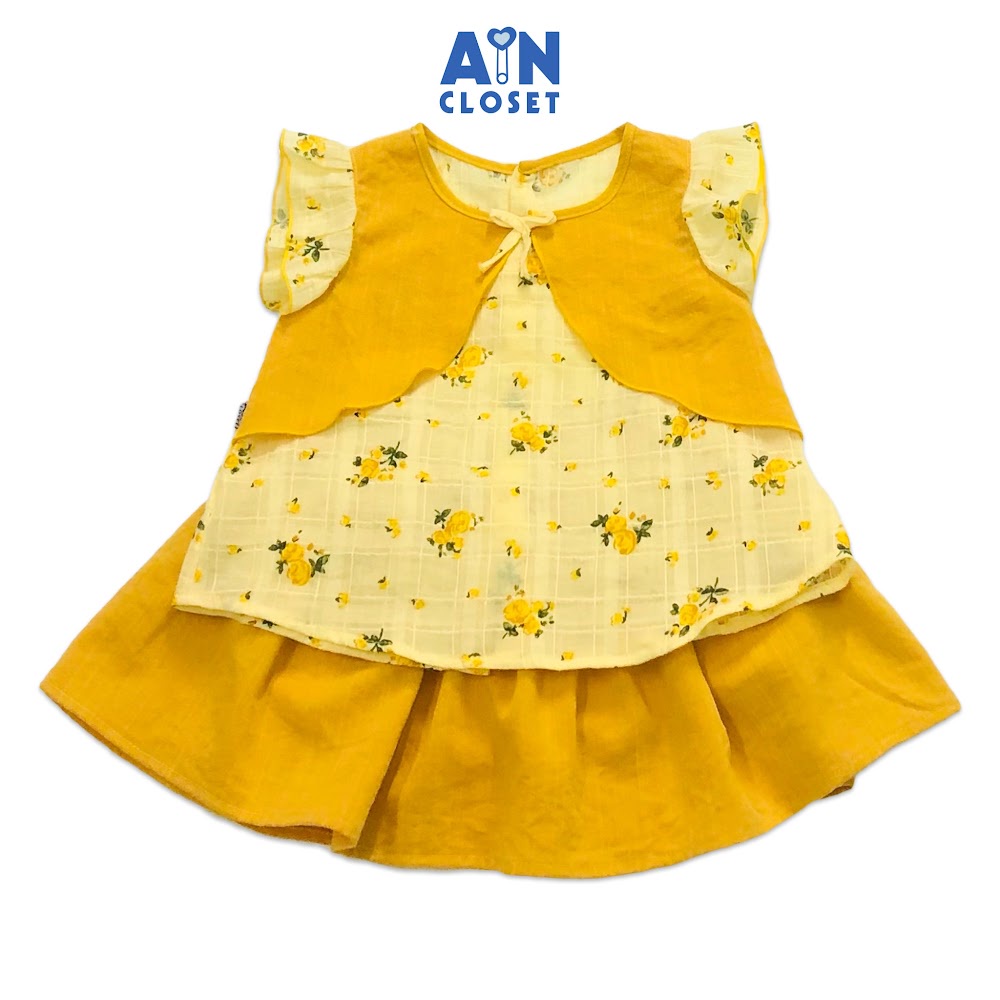 Bộ áo váy ngắn bé gái họa tiết Hoa hồng vàng Golden cotton dệt AICDBGSQBOYT AIN Closet