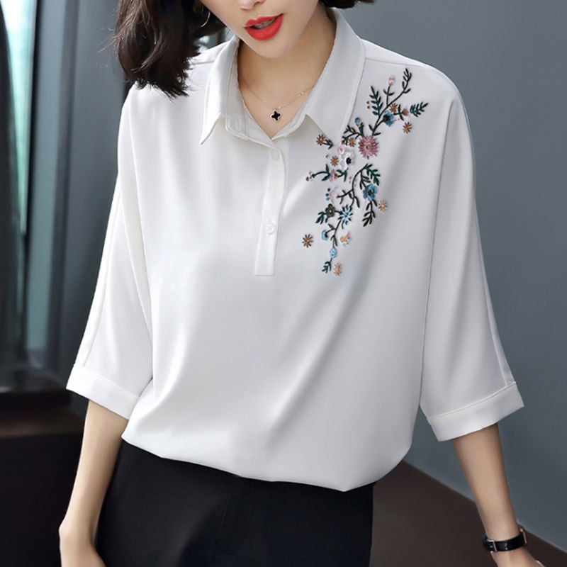 Áo Sơ Mi Trắng Thêu Hoa Dáng Rộng Phong Cách Hàn Quốc (M-4Xl)