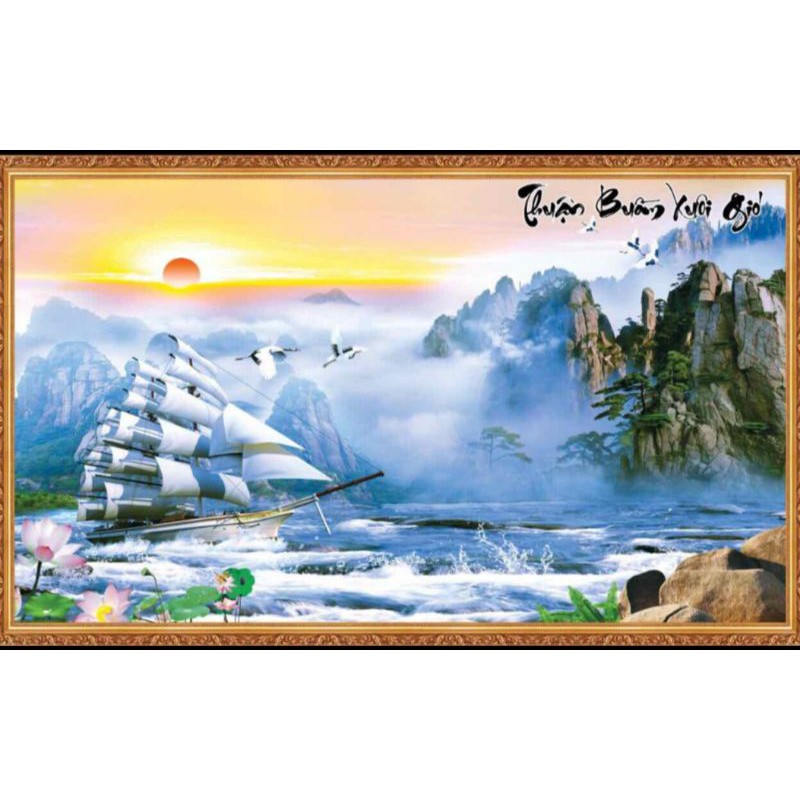 Tranh thuận buồm xuôi gió dán tường 3D in Vải Lụa rẻ đẹp KT 120x80cm