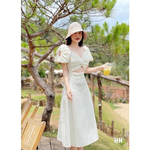 ĐẦM MIDI TAY PHỒNG XOẮN NGỰC CUT-OUT TAY BỤNG | Jena