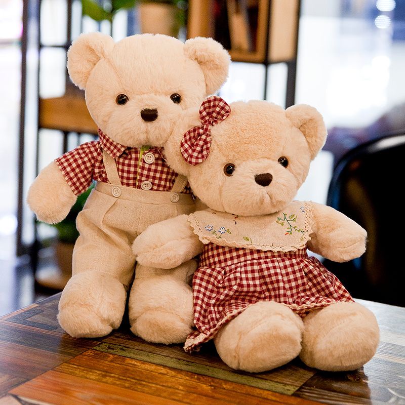 Gấu bông trai gái, teddy đôi, teddy váy kẻ, gấu bông cặp decor trang trí làm quà tặng cao cấp - unishop