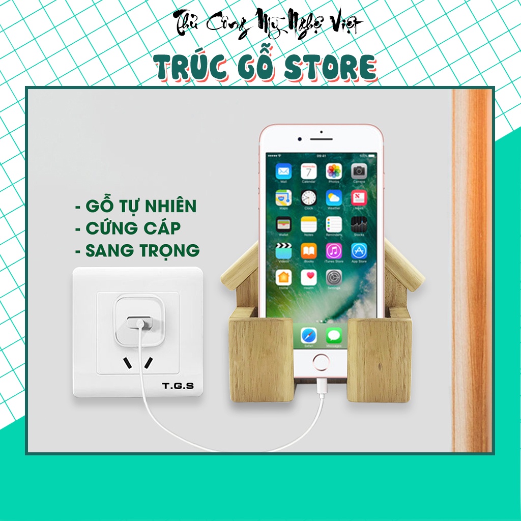 Kệ dán tường sạc pin điện thoại/remote điều khiển chất liệu gỗ tự nhiên - hình ngôi nhà